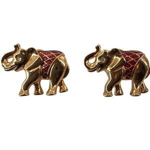 Vintage Avon Gold Tone Red Enamel Grid Elephant Brooch Pin Matching Set 2pc